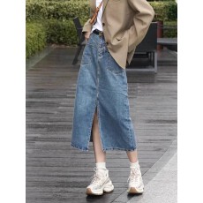 批发复古高腰a字牛仔开叉半身裙女微胖妹妹大码<b class='q'>春</b>秋季中长款显瘦裙子