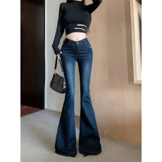 批发美式复古低腰微喇大码牛仔<b class='q'>裤</b>2025新款高街辣妹百搭<b class='q'>修身</b>弹力喇叭<b class='q'>裤</b>