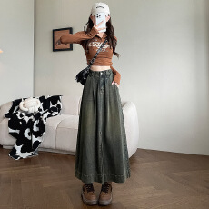 批发美式复古牛仔半身裙大码女装夏2025新款高腰开叉大裙摆褶皱a字裙