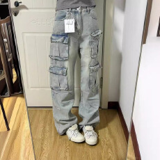 批发<b class='q'>欧美</b>式复古多口袋工装牛仔<b class='q'>裤</b>女大码街头vibe高腰阔腿休闲直筒<b class='q'>裤</b>潮