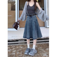 批发皱褶牛仔半身裙女夏季新款小个子中长款大码胖MM遮肉显瘦A字裙潮