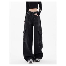 批发黑色水洗多口袋牛仔裤<b class='q'>女</b>胖mm大码秋季高腰宽松直筒阔腿工<b class='q'>装裤</b>子潮