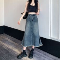 批发复古牛仔半身裙女春<b class='q'>秋</b>季2025新款高腰显瘦小个子a字鱼尾中长裙子