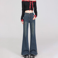 批发复古蓝开叉微喇<b class='q'>牛仔</b>裤<b class='q'>女</b>春季大码胖妹妹mm梨型身材显瘦弹力喇叭<b class='q'>裤</b>