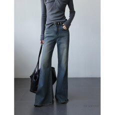 批发美式复古水洗蓝<b class='q'>牛仔</b>裤大码<b class='q'>女</b>装2025新款时尚修身微喇叭拖地阔腿<b class='q'>裤</b>