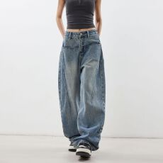 批发2025设计感美式复古蓝<b class='q'>宽松</b>阔腿牛仔裤<b class='q'>大码</b>女装潮流新款显瘦弯刀裤