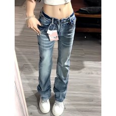 批发美式高街毛须低腰微喇<b class='q'>牛仔裤</b>女秋冬2025新款设计感弹力窄版直筒裤