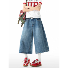 批发美式复古蓝格子拼接<b class='q'>牛仔</b>七分裤<b class='q'>男</b>女夏季潮牌水洗<b class='q'>短裤</b>宽松阔腿中裤