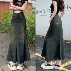 批发美式复古牛仔半身裙女2026年春<b class='q'>秋</b>新款高腰显瘦中长a字裙修身鱼尾