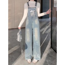 批发实拍 韩版蝴蝶结蕾丝织带烫钻复古牛仔背带裤<b class='q'>连体</b><b class='q'>裤</b>芭蕾风<b class='q'>长裤</b>女