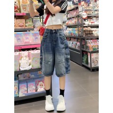 批发美式大口袋牛仔五分<b class='q'>短裤</b>女<b class='q'>大码</b>夏季新款高腰显瘦慵懒a字阔腿中裤