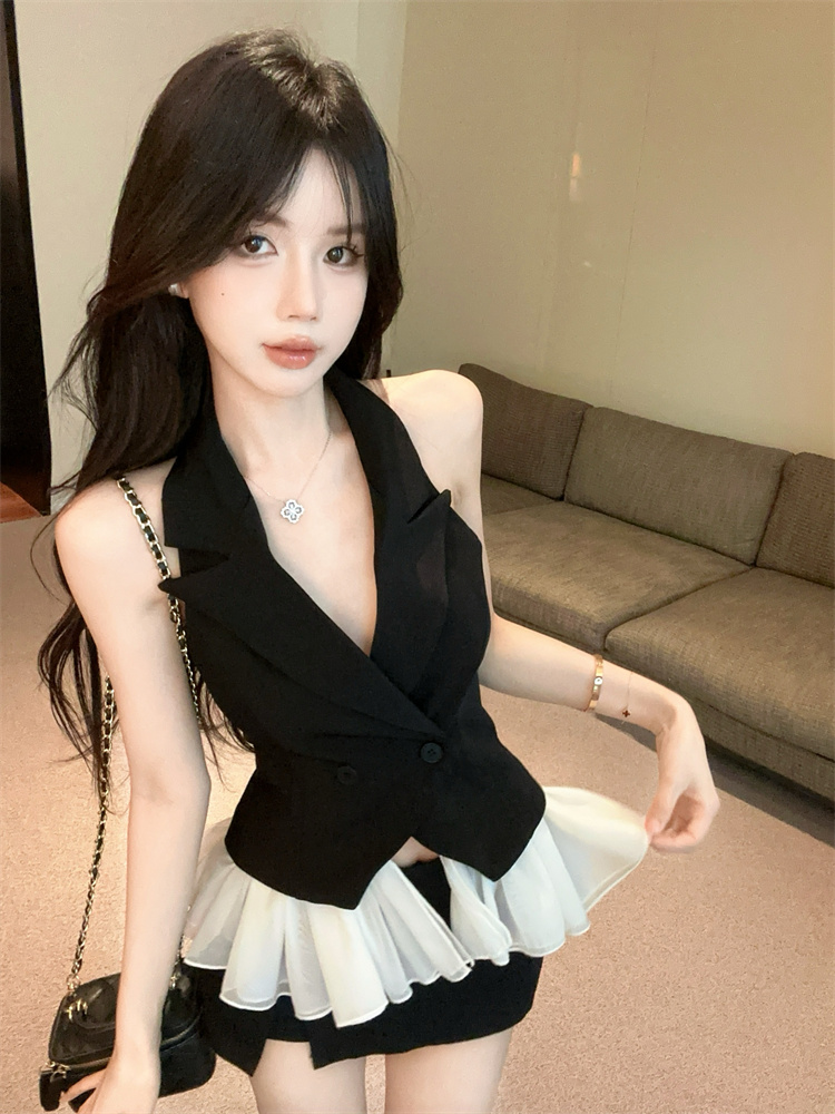 실사 정가 소금 부서 백리스 배색 행침 목 정장 베스트 수 있습니다. 언 로딩 의류 미니멀리즘 다용도 조끼