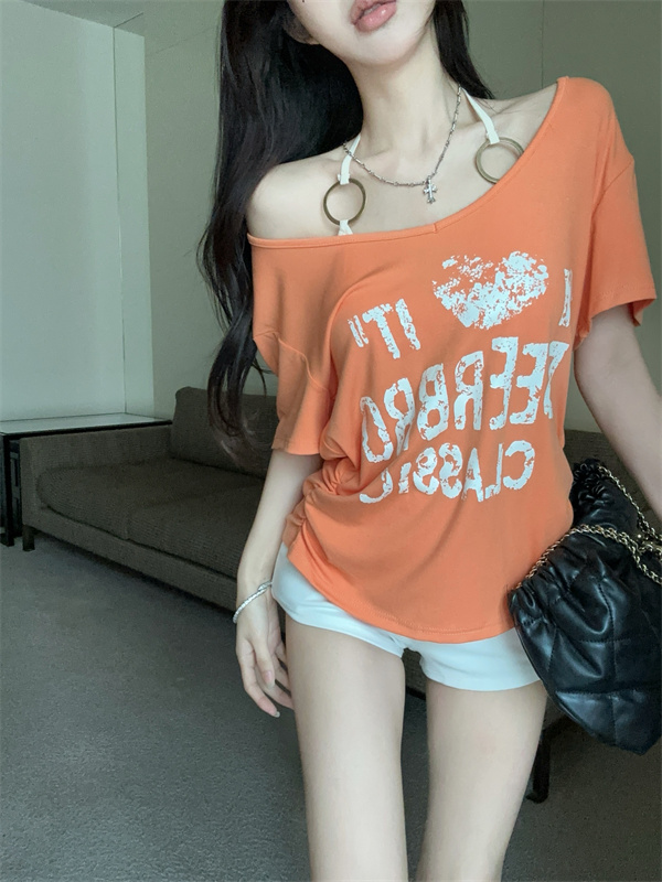 실사 정가 아메리칸 핫걸 비스듬한 어깨 반팔 티셔츠 루즈핏 명중 리본 가슴 패드 투피스 세트