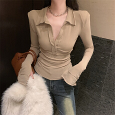 批发实拍实价~高腰百搭加绒打底衫<b class='q'>欧美</b>ins性感POLO半开领长袖显瘦上衣