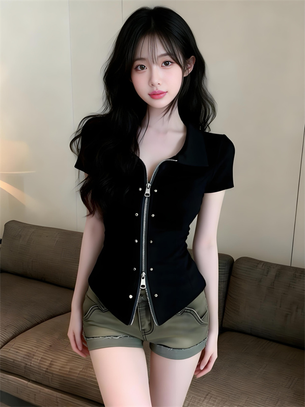 실사 정가 아메리칸 핫걸 디자인 센스 폴로 칼라 지퍼 반팔 맨위