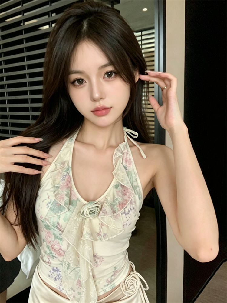 실사 프랑스식 레트로 프린트 레이스 행침 목 캐미솔 핫걸 3 차원 꽃 불규칙 리본 맨위