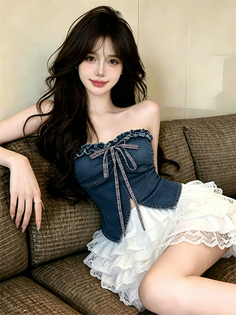 실사 정가 핫걸 바람 목이버섯 데님 튜브탑 조끼 섹시함 품격 몸매 가꾸기 허리 수축 쇼트 스타일 맨위