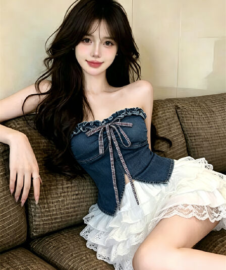 실사 정가 핫걸 바람 목이버섯 데님 튜브탑 조끼 섹시함 품격 몸매 가꾸기 허리 수축 쇼트 스타일 맨위