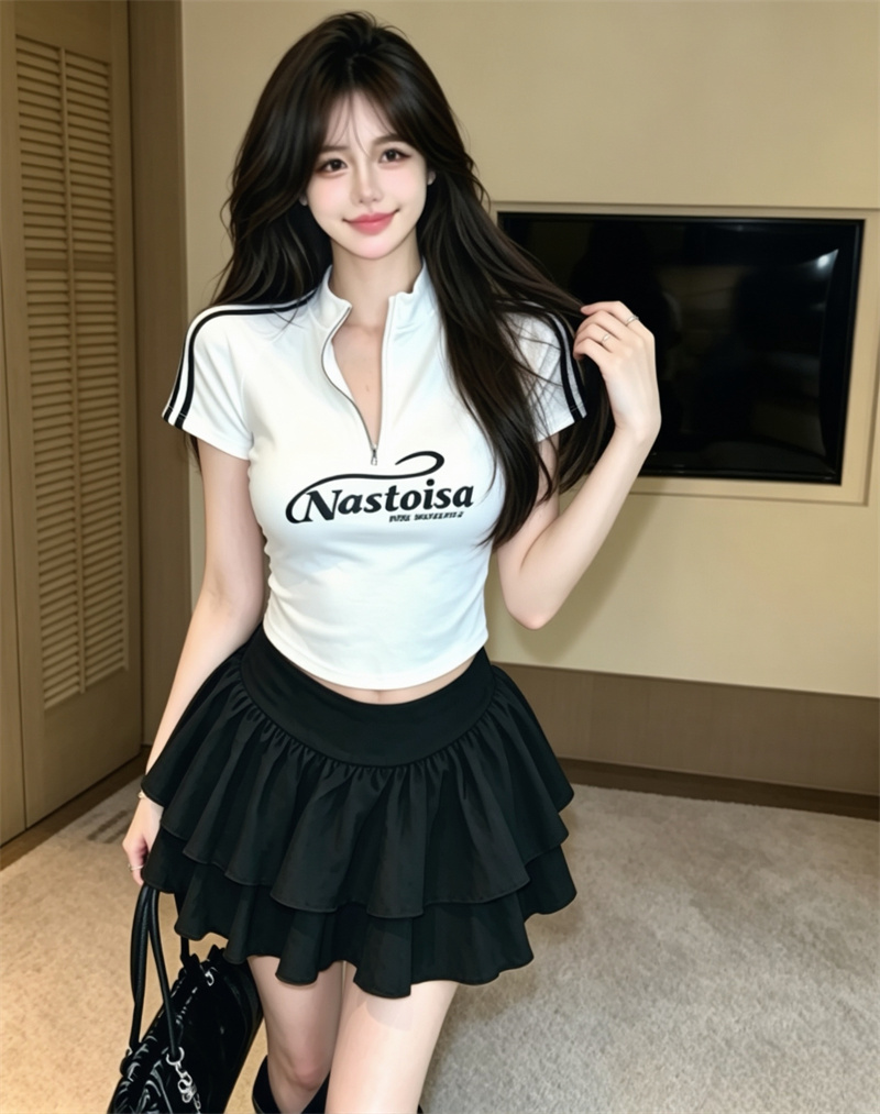 실사 정가 아메리칸 달콤한 차가운 핫걸 여름 스탠드 칼라 지퍼 반팔 티셔츠