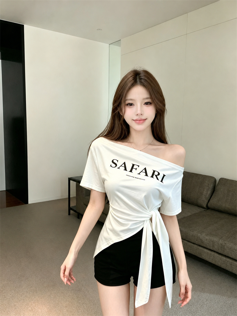 실사 정가 핫걸 작은 심장 기계 보트넥 허리 수축 레이스업 알파벳 프린트 오프숄더 다용도 티셔츠