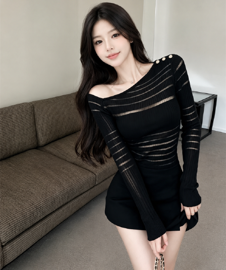 실사 핫걸 디자인 센스 엠보싱 버클 비스듬한 어깨 긴팔 니트 맨위
