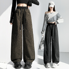 批发实拍美式弯刀豹纹运动裤女2026春季新款高腰直筒宽松休闲阔腿卫裤