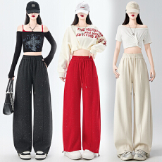 批发实拍春秋新款烫金时尚两穿弯刀裤休闲阔腿裤宽松运动卫裤香蕉裤女