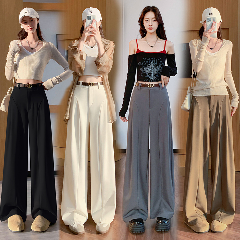 실사 2026 봄 가을 새로운 정장 바지 여성 하이웨이스트 모통이 칼 바지 스트레이트 캐주얼 루즈핏 바닥 청소 긴 바지 벨트 포함