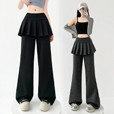 批发实拍假两件百褶屁帘空气棉喇叭裤女2026春季高腰显瘦微喇裤阔腿裤