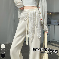 批发实拍蕾丝系带微喇裤女高腰窄版休闲喇叭<b class='q'>运动</b>卫裤拖地马蹄裤带屁帘
