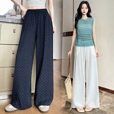 批发实拍冰丝亚麻波点印花阔腿裤女2026夏新款高腰显瘦慵懒百搭休闲裤