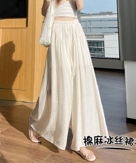 실사 얼음 실크 면 린넨 주름 치마바지 여성 2026 여름 느긋한 캐주얼 바지 루즈핏 슬림해 보이는 9 포인트 와이드 레그 팬츠 어린이