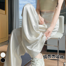 批发实拍蕾丝腰头缎面阔腿裤<b class='q'>女</b>夏新款高腰垂感珠光醋酸休闲拖地<b class='q'>西装</b>裤