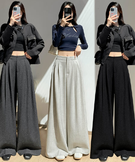 실사 고급 센스 도루 센스 정장 와이드 레깅스 바지 2026 가을 하이웨이스트 지퍼 플리츠 슬림해 보이는 스트레이트 바닥 청소 바지