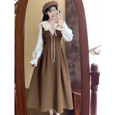 批发早秋新款大码法式假两件<b class='q'>娃娃</b>领<b class='q'>连衣裙</b>女胖mm收腰显瘦复古气质长裙