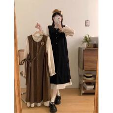 批发大码复古灯芯绒连衣裙女秋季赫本风背心裙胖MM遮肚显瘦裙子两件套