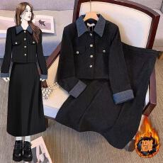 批发<b class='q'>大码</b>翻领短外套两件套女秋冬微胖mm遮肉显瘦加绒半身裙灯芯绒套装