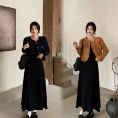 批发大码时尚套装女秋季小香风长袖外套胖MM黑色吊带<b class='q'>连衣裙</b>显瘦<b class='q'>两件套</b>