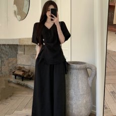 批发大码<b class='q'>时尚</b>高级感套装女夏季气质赫本风上衣胖MM显瘦阔腿裤子两件套