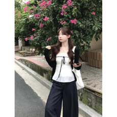 批发2026秋季新款韩系蕾丝边系带抹胸吊带慵懒<b class='q'>长袖</b>开衫外套两件套女潮