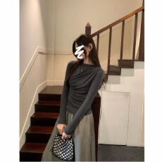 批发【莫代尔260克】美式百搭褶皱长袖T恤女<b class='q'>修身</b>显瘦打底内搭上衣