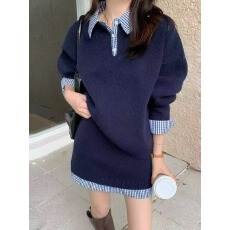 批发衬衫领拼接时尚针织套装女秋冬新款宽松翻领套头毛衣半身裙两件套