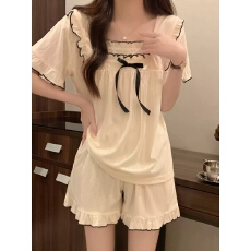 批发甜美女蝴蝶结荷叶边家居服套装女夏季女士棉质睡衣短裤短袖两件套