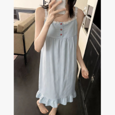 批发韩版简约少女蕾丝边公主风云朵棉吊带睡裙宽松舒适女士睡衣家居服