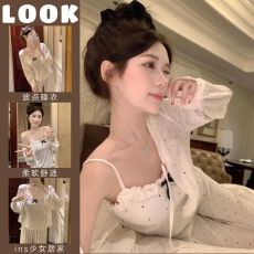 批发波点春秋夏季甜美少女<b class='q'>三件套</b>带胸垫吊带套装简约女长袖<b class='q'>睡衣</b>家居服