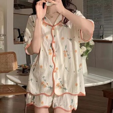 批发夏季新款少女睡衣甜美可爱学生开衫+短裤舒适家居服女士两件套装