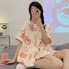 批发1085韩版大码少女睡衣甜美可爱学生开衫舒适家居服女士两件套装女