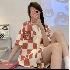 批发1086夏季大码少女睡衣甜美可爱学生开衫舒适家居服女士两件套装女