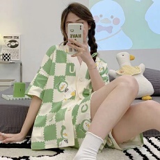 批发1089夏季韩版大码少女睡衣甜美可爱开衫舒适家居服女士两件套装女