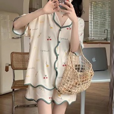 批发1091夏季韩版大码少女睡衣甜美可爱学生开衫舒适家居服两件套装女